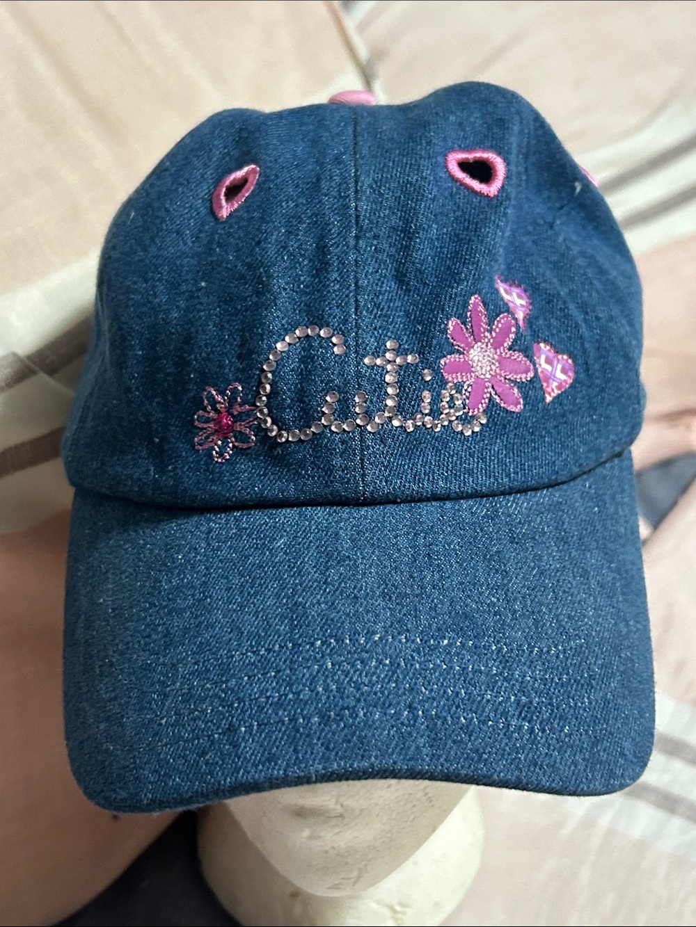 Women’s Denim Cap with Pink Floral Rhinestone Accent NWT